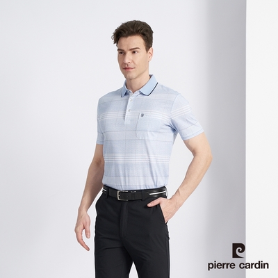 Pierre Cardin皮爾卡登 男款 棉質混紡格紋印花短袖POLO衫-水藍色 (5227251-35)