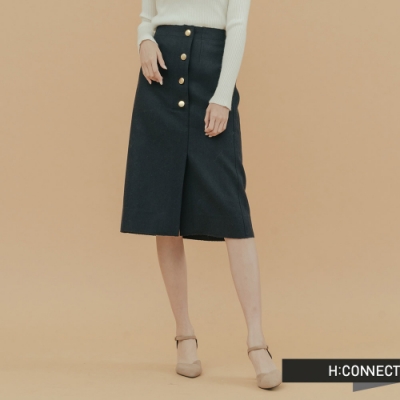 H:CONNECT 韓國品牌 女裝 - 造型排釦開岔中長裙  - 黑