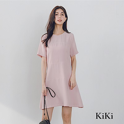 【KiKi】簡約剪裁雪紡-洋裝(粉色)