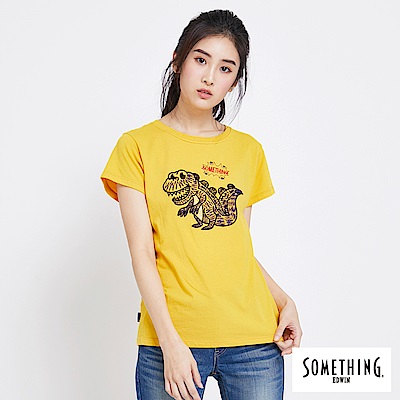 SOMETHING 趣味刺繡恐龍圓領T恤-女-黃色