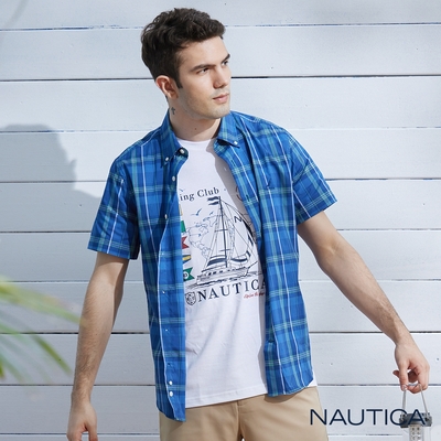 Nautica 男裝 經典質感格紋短袖襯衫-藍