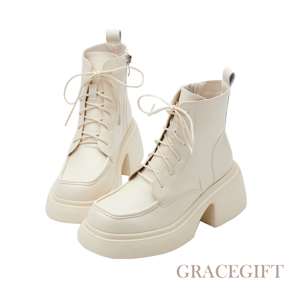 【Grace Gift】超模比例防水台厚底綁帶靴 米白