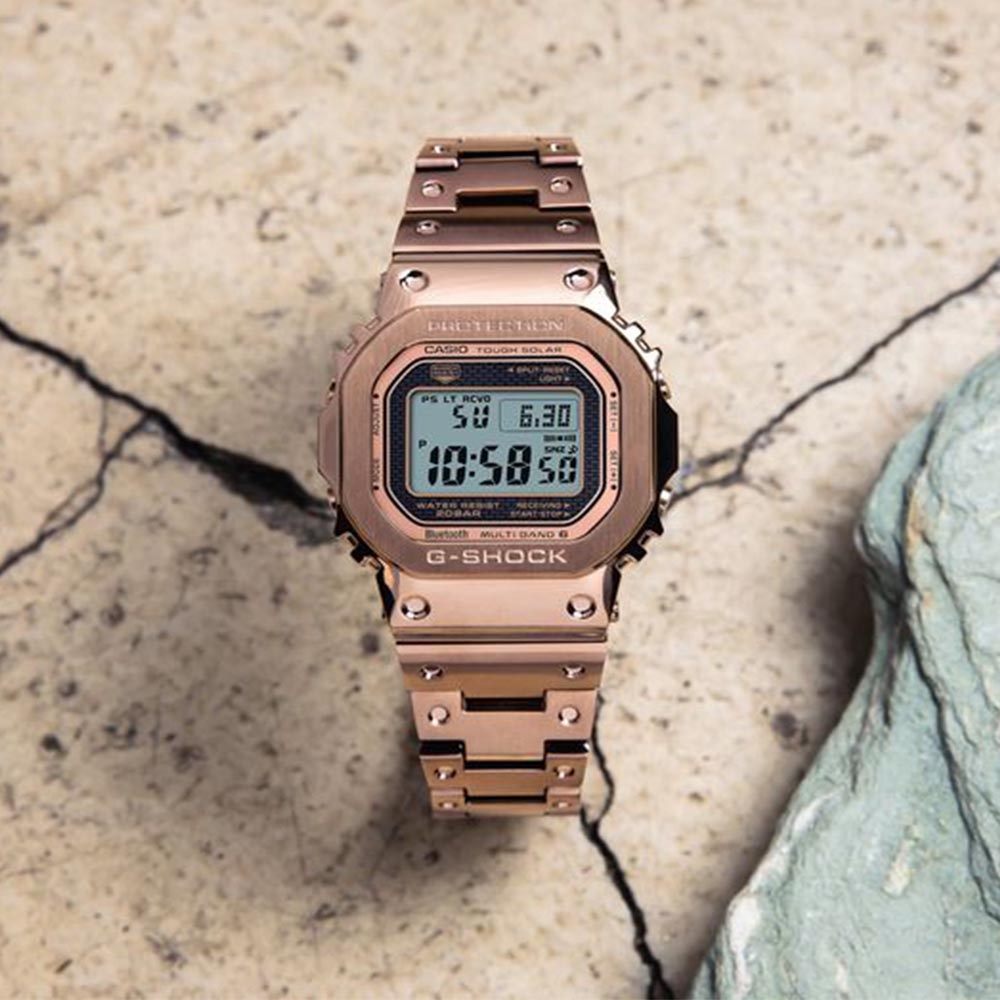 CASIO 卡西歐 G-SHOCK 太陽能x藍牙連線 全金屬 玫瑰金電子腕錶 母親節 禮物 49.3*43.2mm / GMW-B5000GD-4