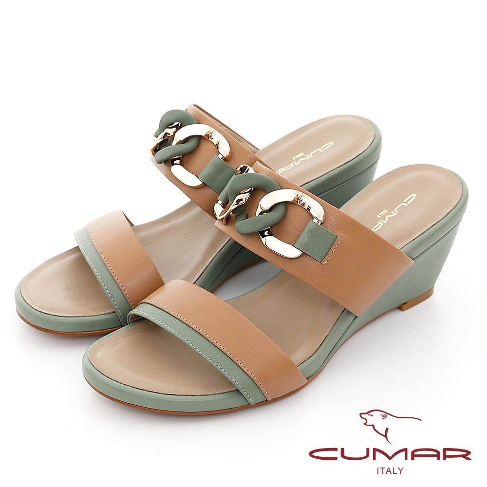 【CUMAR】撞色鎖鏈裝飾一字帶楔型涼拖鞋-淺駝