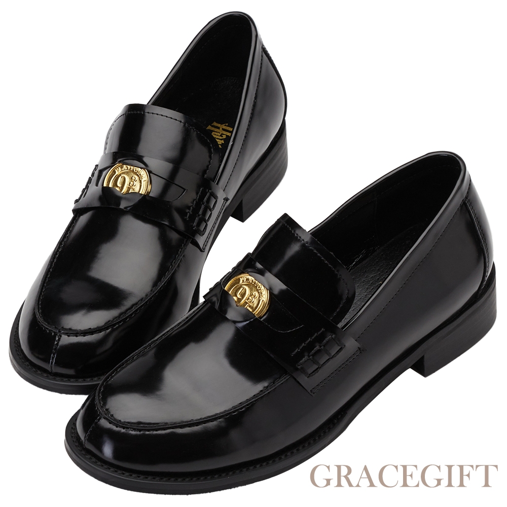 【Grace Gift】哈利波特霍格華茲學院便仕低跟樂福鞋 黑漆