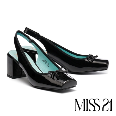 高跟鞋 MISS 21 嬌氣芭蕾蝴蝶結異材質拼接純色方頭後繫帶高跟鞋－黑
