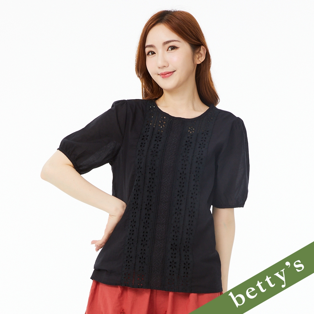 betty’s貝蒂思　圓領蕾絲小澎袖上衣(黑色)