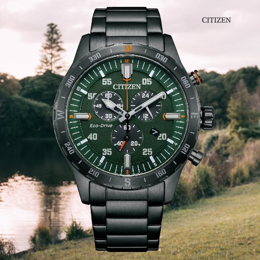 CITIZEN 星辰 Chronograph 光動能 計時碼錶三眼不鏽鋼腕錶-綠43.5mm(AT2527-80X 防水100米)