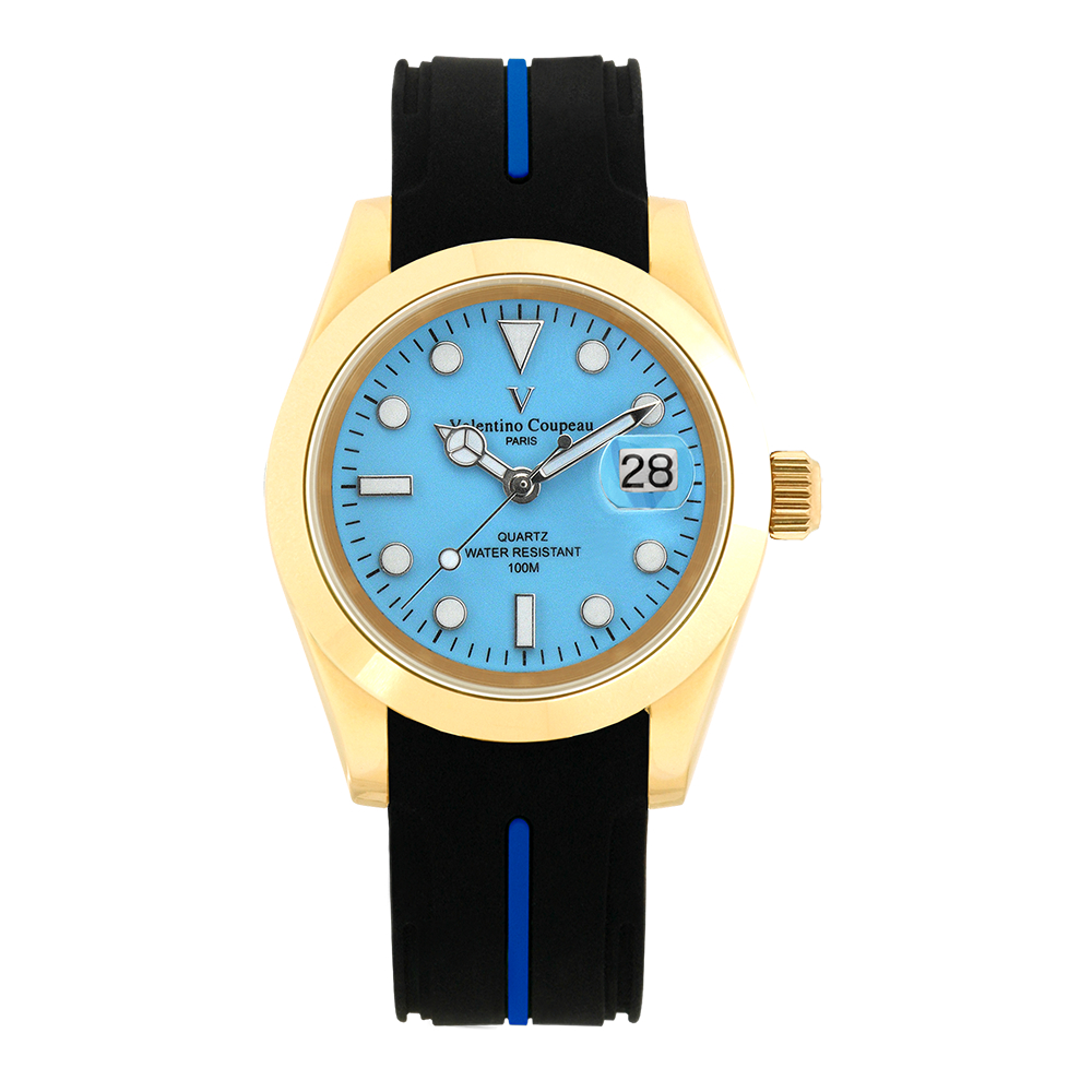 Valentino Coupeau 范倫鐵諾 古柏 悍將紳士腕錶 (金殻/芙蓉藍面/膠帶)