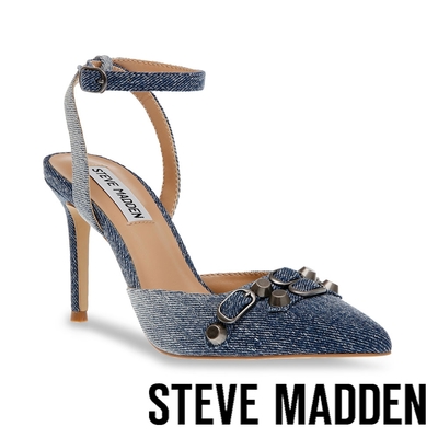 STEVE MADDEN-RETRIEVER 鉚釘尖頭繞踝高跟涼鞋-牛仔藍