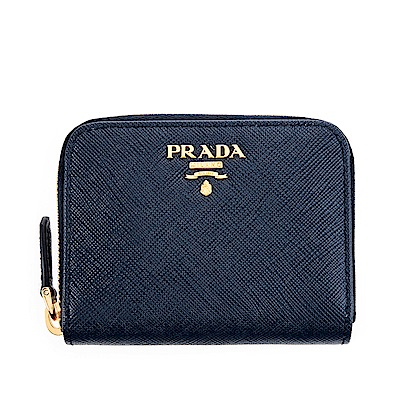 PRADA 經典Saffiano 金字LOGO十字紋牛皮拉鍊零錢包 (深藍)