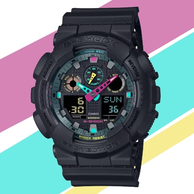 CASIO 卡西歐 G-SHOCK 酷炫霧面黑 螢光色點綴 大錶殼雙顯錶 GA-100MF-1A 防水200米