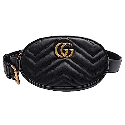 GUCCI GG Marmont仿舊金色雙G山字車紋牛皮拉鍊手拿/腰/斜背包-黑-85cm