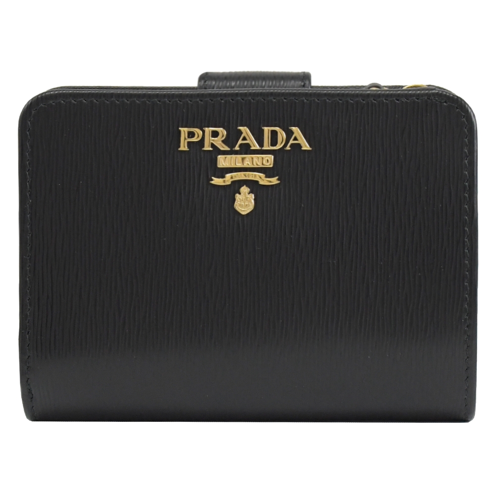 PRADA 金屬LOGO水波紋釦式零錢短夾(黑/紅)