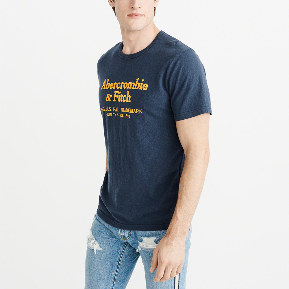 麋鹿 AF A&F 經典刺繡文字短袖T恤-藍色
