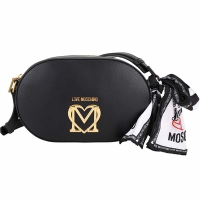 LOVE MOSCHINO 絲巾系列金屬字母皮革斜背包(黑色)