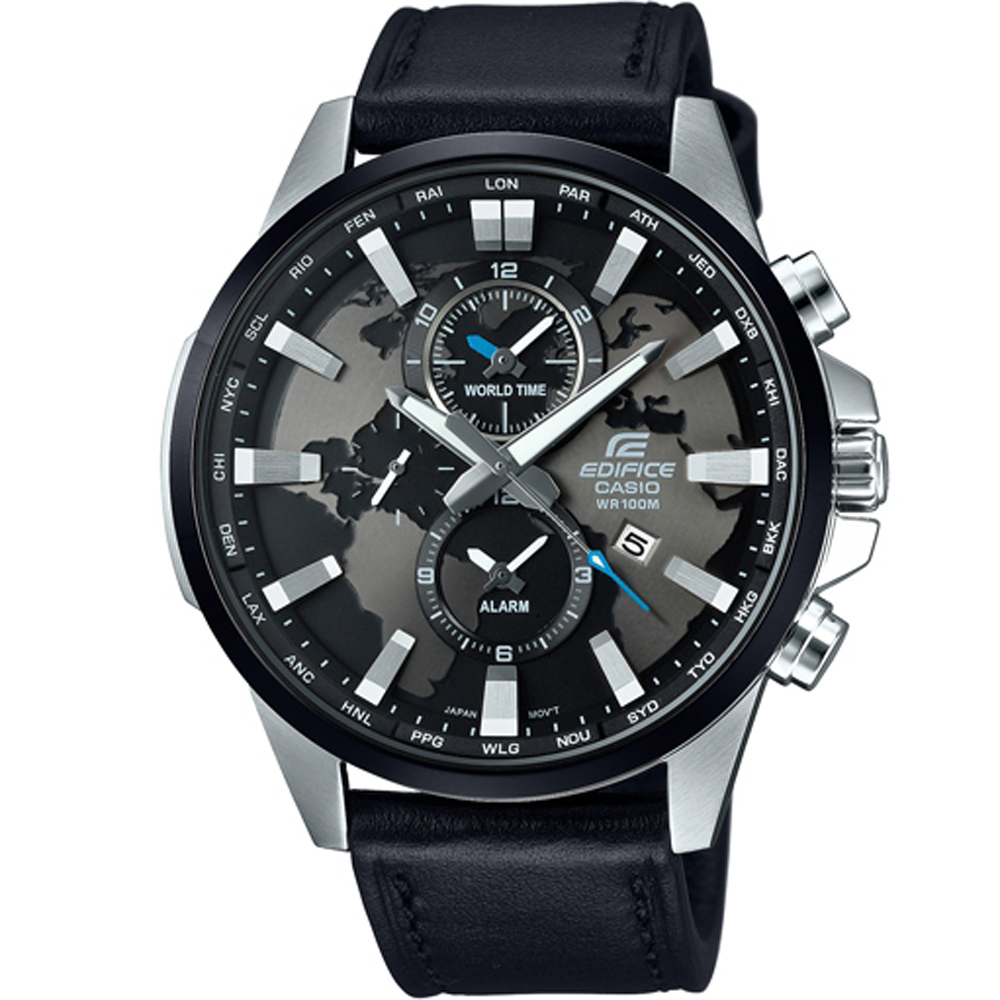 EDIFICE 世界地圖錶盤設計俐落帥氣皮帶腕錶(EFR-303L-1A)黑面/48.8mm