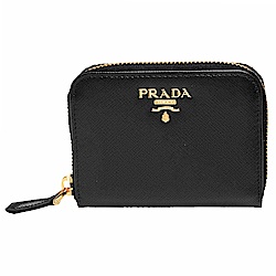 PRADA SAFFIANO METAL系列金色浮雕LOGO防刮牛皮拉鍊卡夾/零錢包(黑)