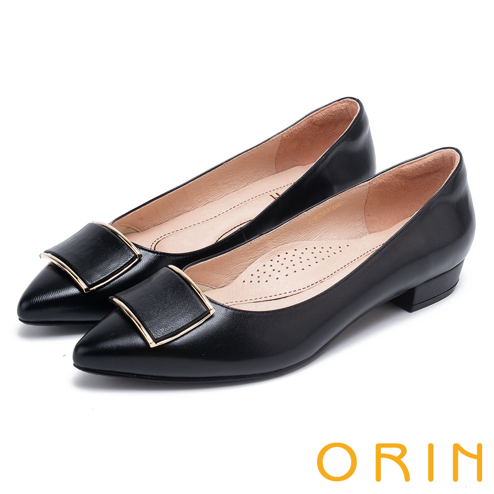 ORIN 柔軟羊皮金屬方釦尖頭 女 粗低跟鞋 黑色