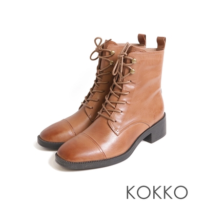 KOKKO登山扣設計復古綁帶軍靴棕色