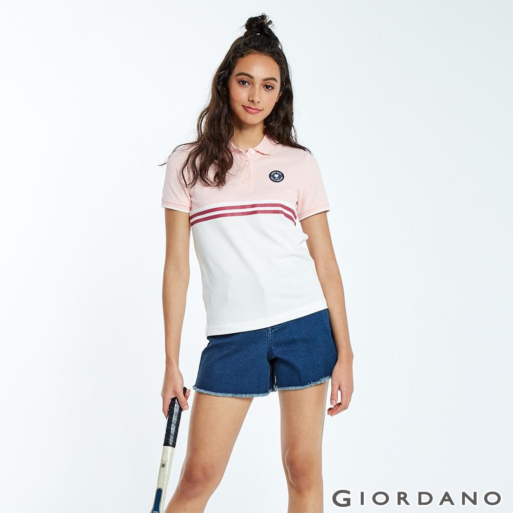 GIORDANO 女裝粉紅拼接刺繡彈力萊卡POLO衫-02 草莓粉/雪白