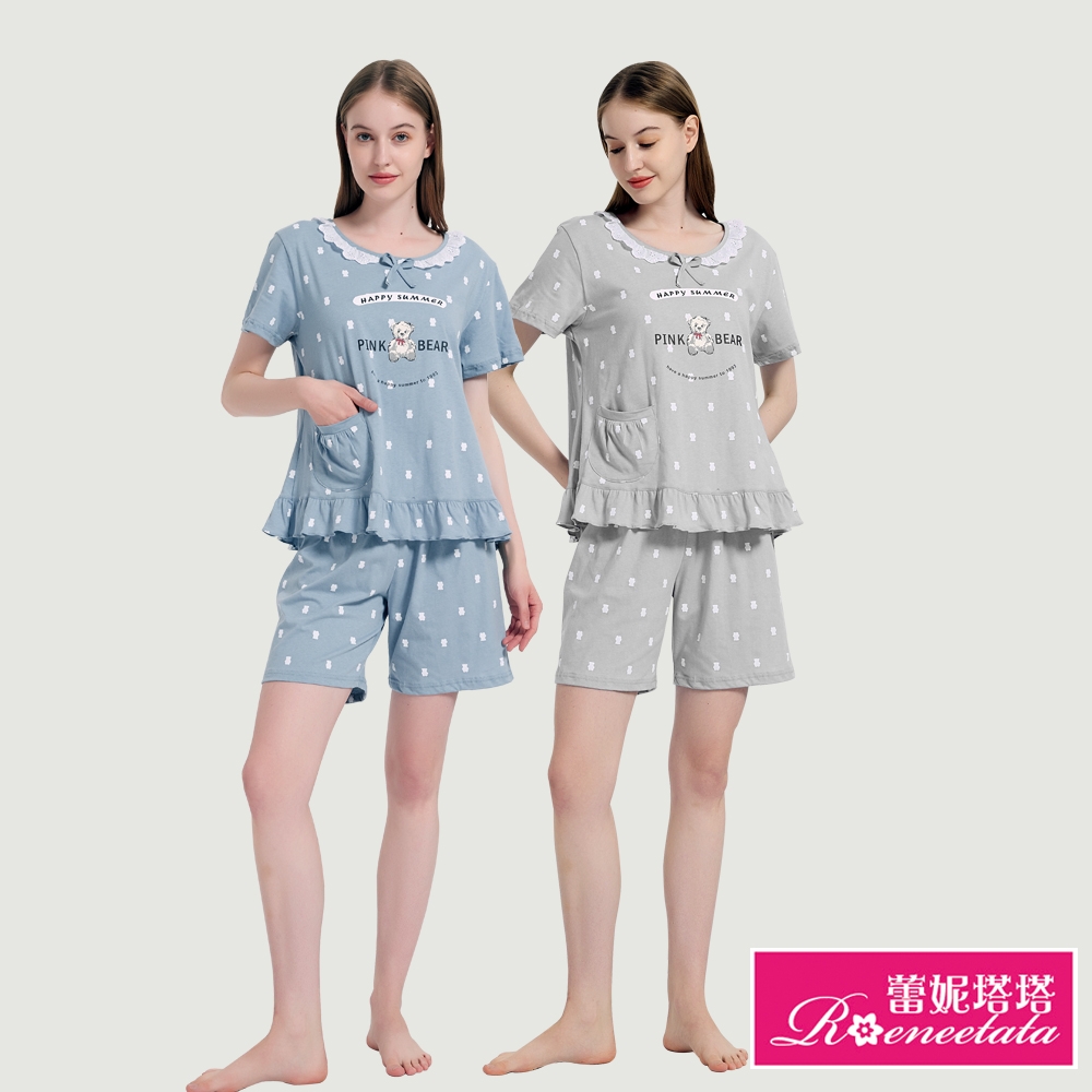 睡衣 MIT台灣製PINK熊 針織棉短袖兩件式睡衣(R27006兩色可選) 蕾妮塔塔