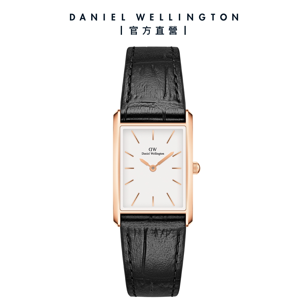 Daniel Wellington DW DW Bound 32x22mm 經典摩登寂靜黑皮革方錶(玫瑰金)