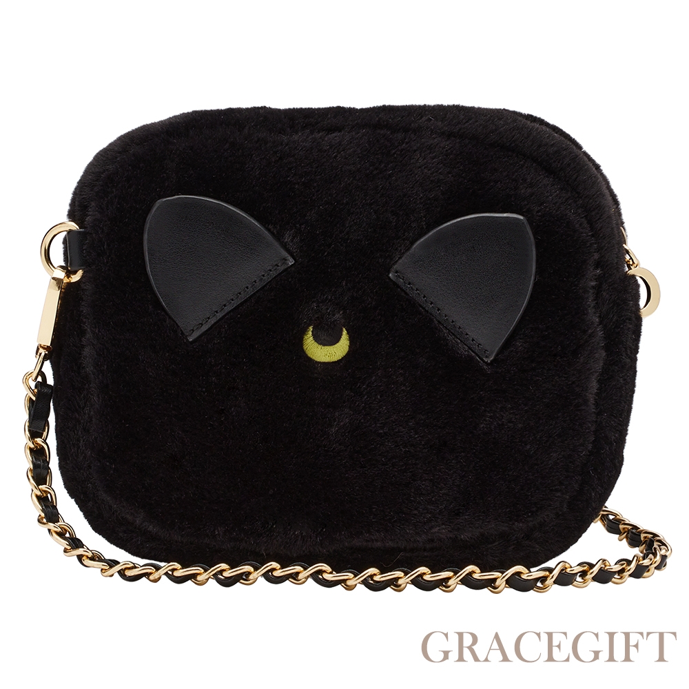 【Grace Gift】美少女戰士Crystal黑貓露娜毛毛鍊條包 黑