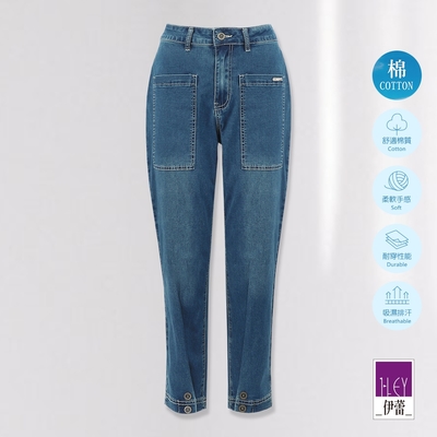 ILEY伊蕾 率性大口袋抓摺縫釦八分牛仔褲(藍色；M-XL)1232328604