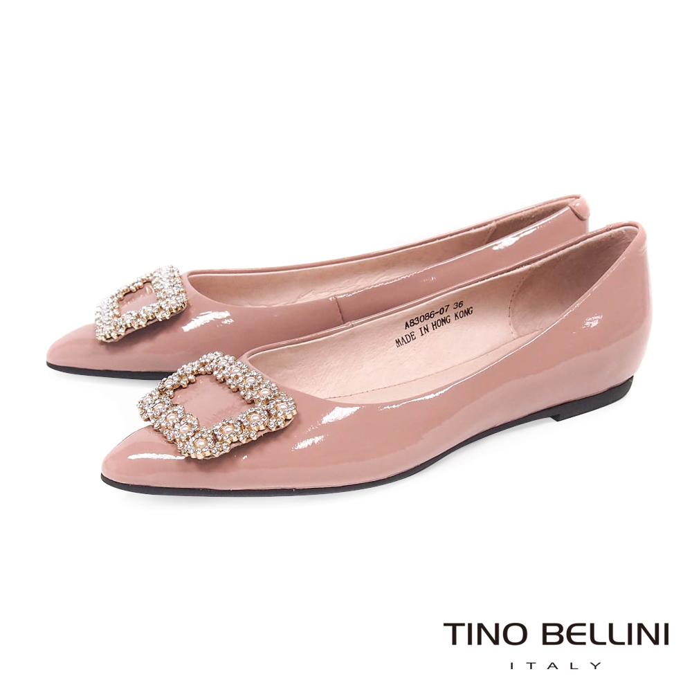 Tino Bellini 珍珠鑽飾方釦尖頭平底娃娃鞋 _ 鮭紅