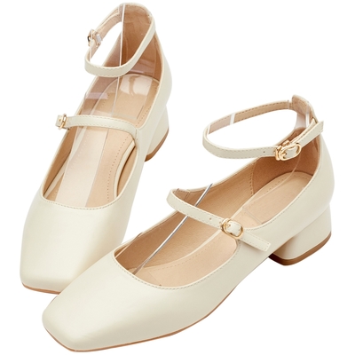 【Grace Gift】復古方頭雙帶中跟芭蕾瑪莉珍鞋 米白