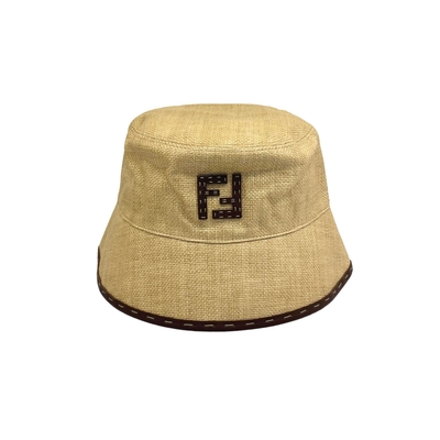 FENDI 雙FF LOGO草編拚小羊皮漁夫帽(卡其)