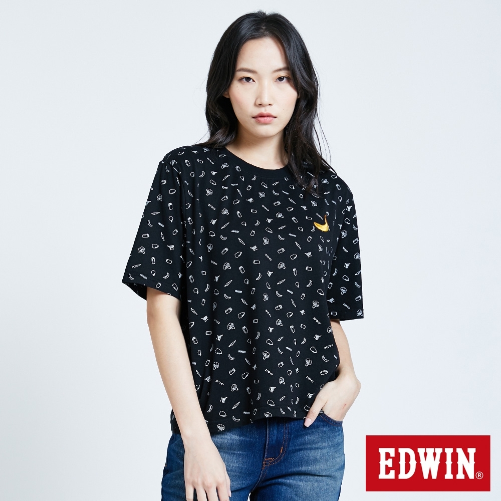 EDWIN 超市系列 滿版印花短袖T恤-女-黑色