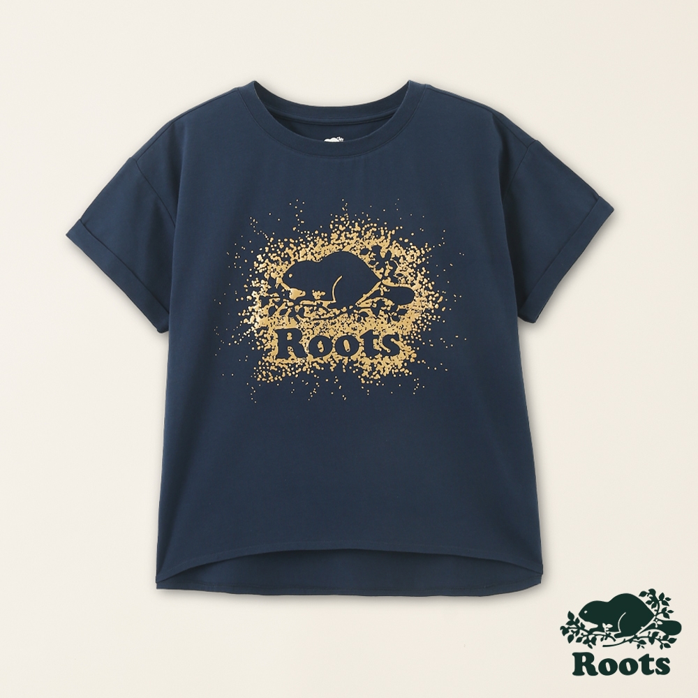 Roots女裝-星際遨遊系列 金屬潑墨海狸寬版短袖T恤-深藍色