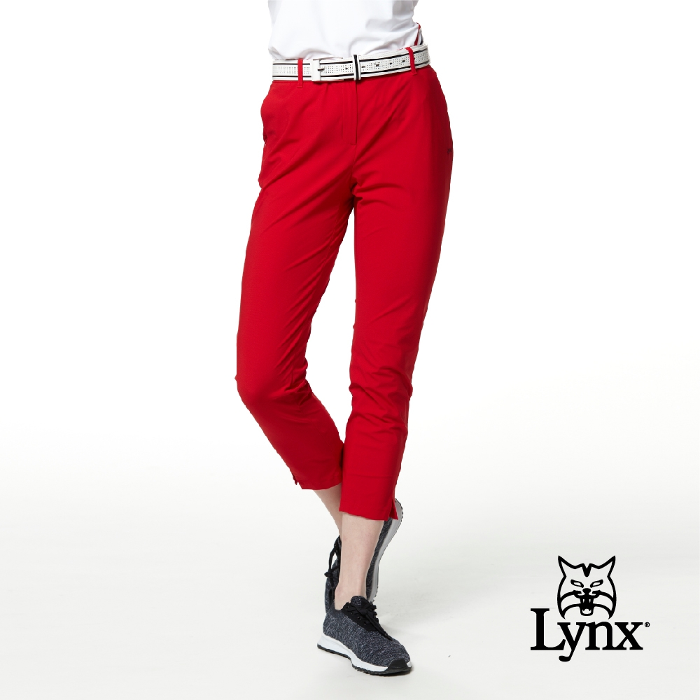 【Lynx Golf】Korea 女款口袋織帶設計素面款平口休閒長褲-紅色