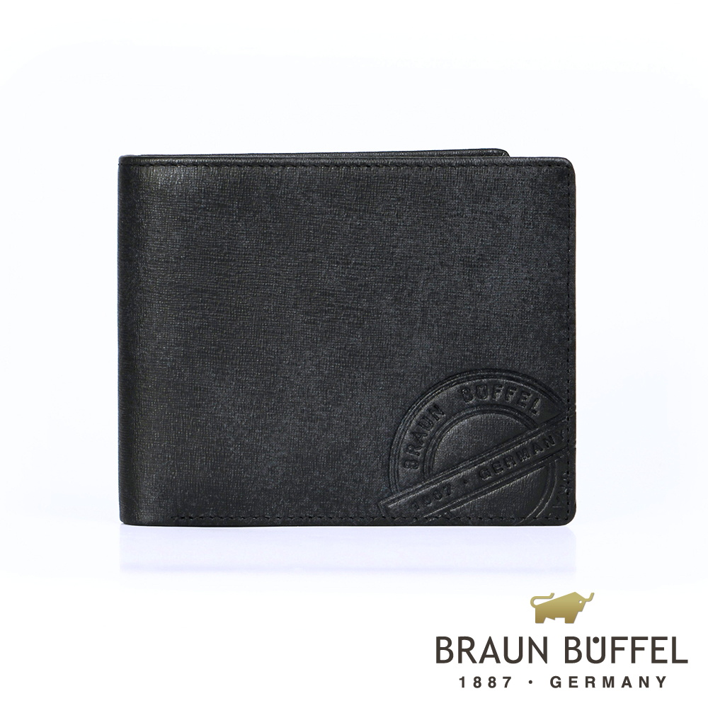 【BRAUN BUFFEL 德國小金牛】台灣總代理 瑞諾斯 8卡中間翻零錢袋短夾-黑色/BF331-318-BK