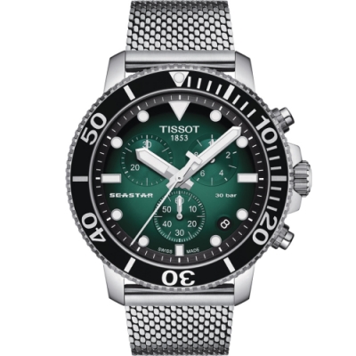 TISSOT 天梭 官方授權 Seastar 海星300米潛水計時腕錶(T1204171109100)綠/45.5mm