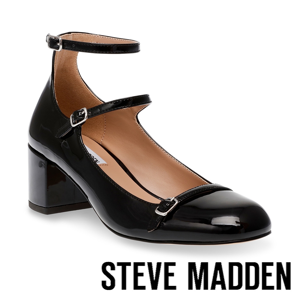 STEVE MADDEN-SABRINA 繞踝粗跟圓頭瑪莉珍鞋-黑色