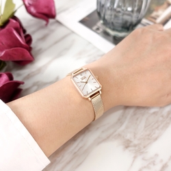 NATURALLY JOJO / 復古方型 小巧典雅 藍寶石水晶玻璃 米蘭編織不鏽鋼手錶 白x鍍玫瑰金 20mm
