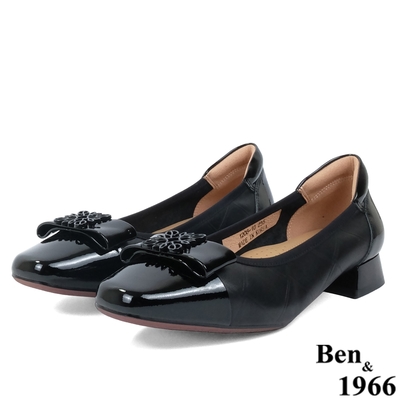 Ben&1966高級頭層牛皮方頭簡約低跟鞋-黑(238021)