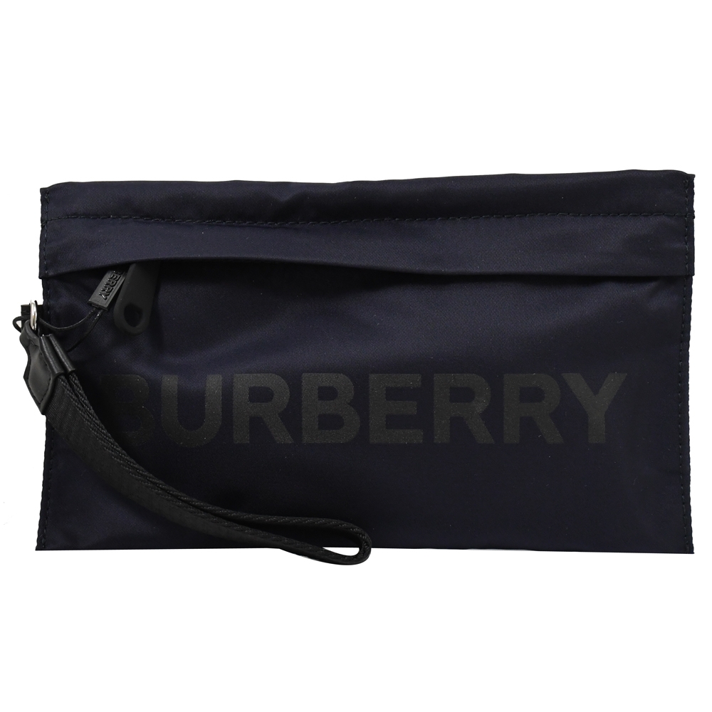 BURBERRY 簡約燙印LOGO防潑水尼龍拉鍊手拿包/收納包(深藍)