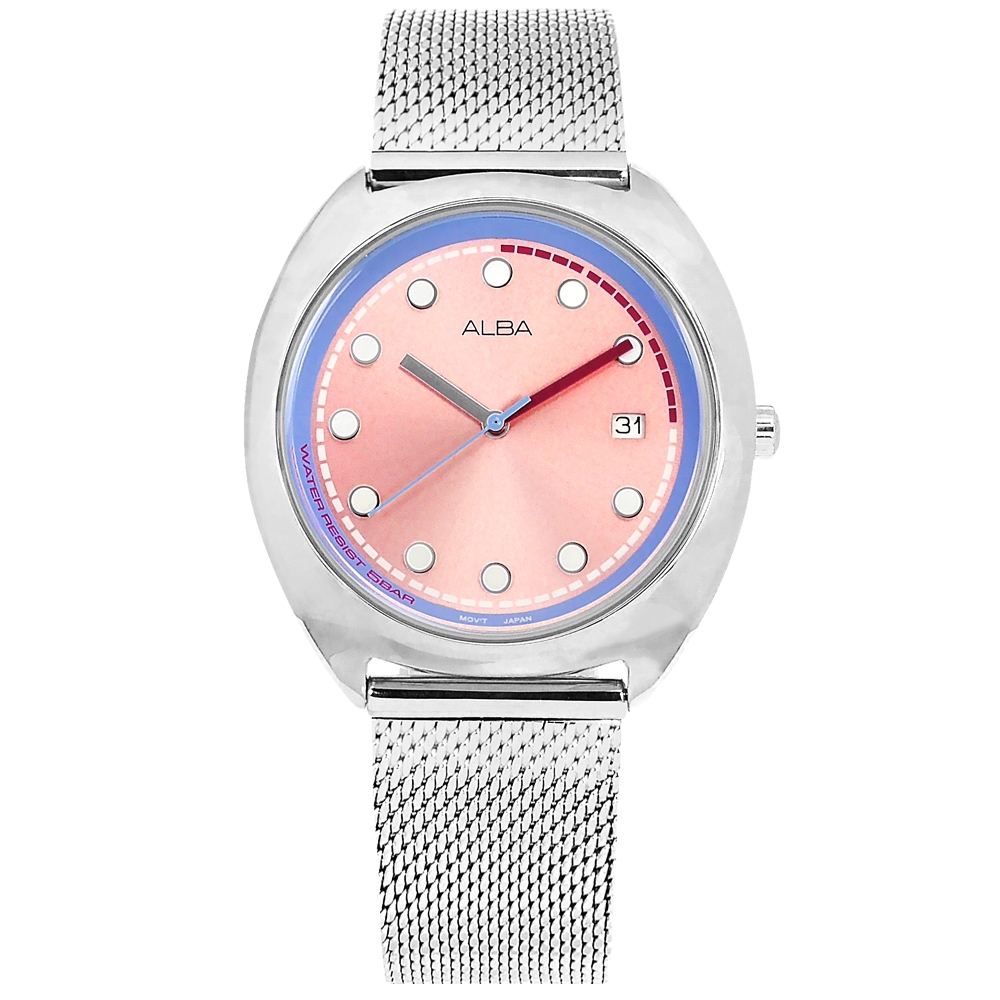 ALBA 跳色潮流 霓虹元素 日期 米蘭編織不鏽鋼手錶-粉藍色/ 36mm