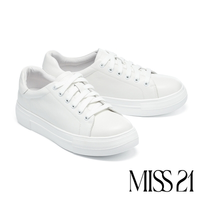 休閒鞋 MISS 21 質感率性純色全真皮綁帶厚底休閒鞋－白