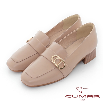 【CUMAR】方頭素雅金屬飾釦粗跟樂福鞋-粉膚