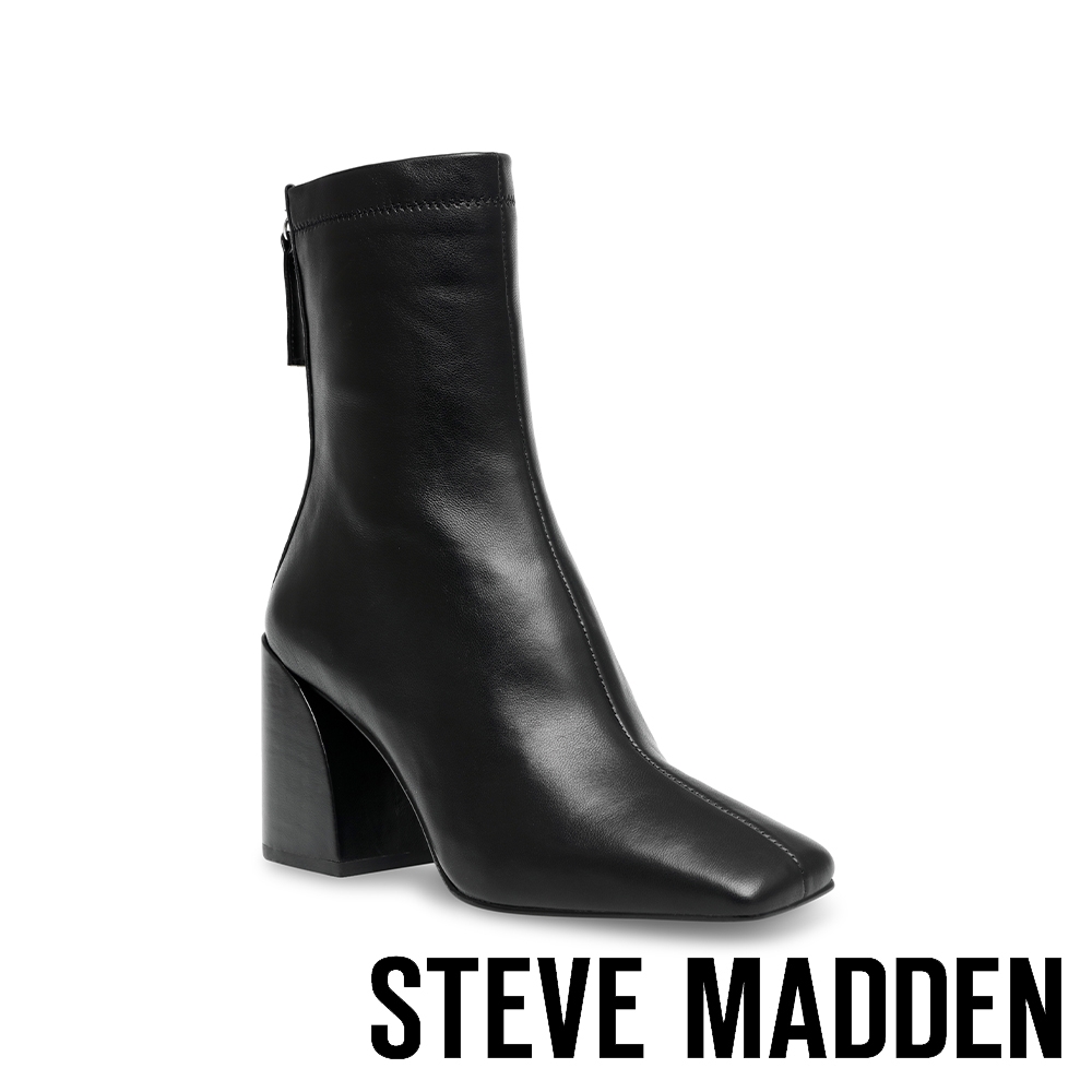 STEVE MADDEN-CRITICAL 後拉鍊小方頭粗跟靴-黑色