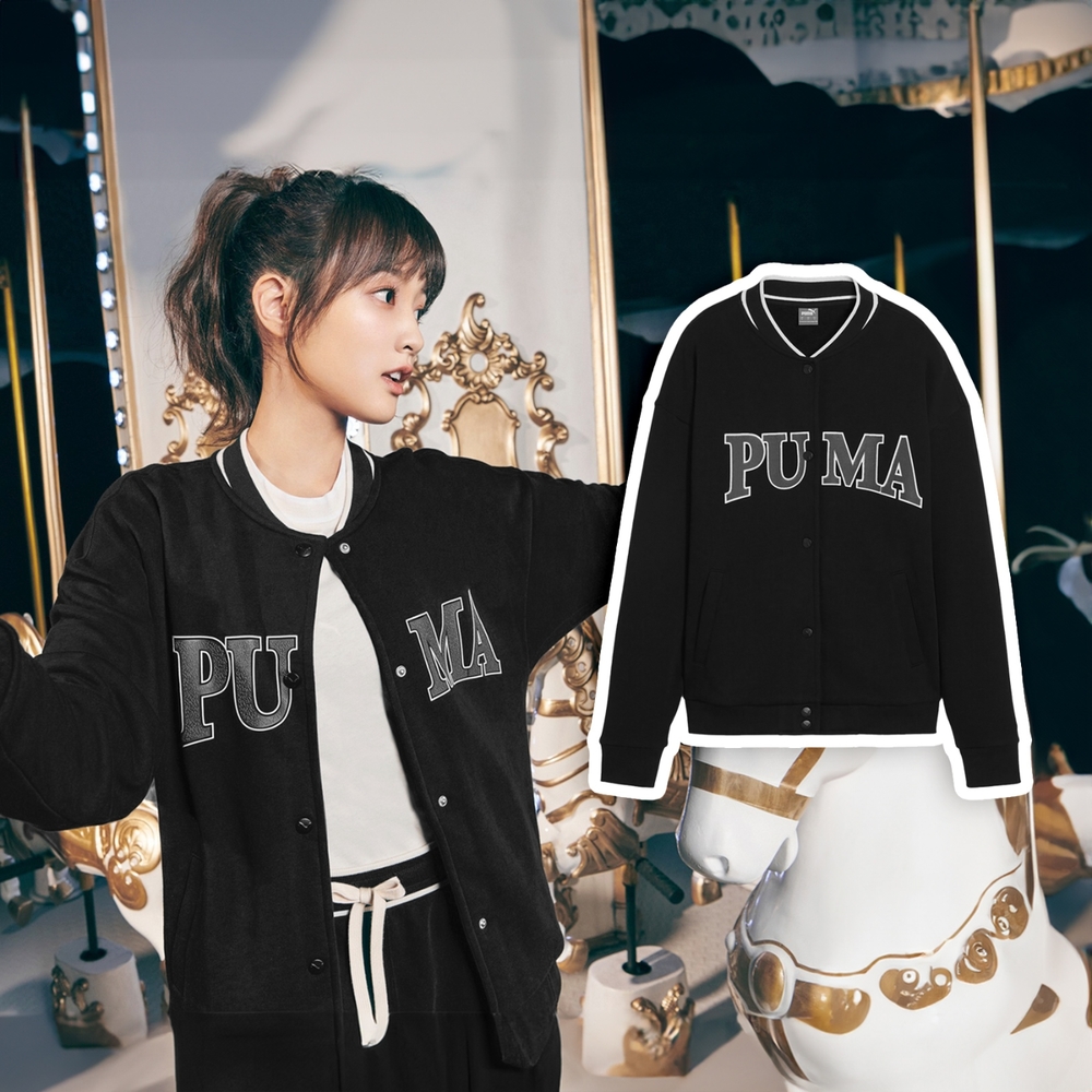 Puma 外套 Squad 女款 黑 米白 膠印LOGO 棒球外套 寬鬆 王淨 著用款  67790201