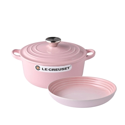 Le Creuset 圓形鑄鐵鍋 20cm 2.4L 雪紡粉 法國製+ 義麵盤 22cm 貝殼粉 (電磁爐 IH爐可用)