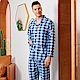 睡衣 時尚英倫格紋 針織棉男性長袖兩件式睡衣(R78221-10深藍) 蕾妮塔塔 product thumbnail 1