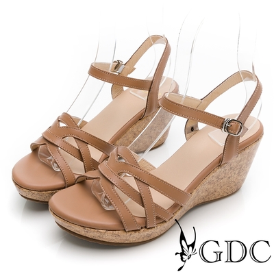 GDC-春夏希臘風真皮編織感繞帶楔型厚底涼鞋-棕色