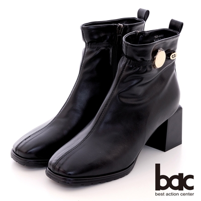 【bac】鬆緊腳踝金屬裝飾粗跟短靴-黑